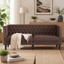 2-Seater Chesterfield Sofa in Brown Faux Leather