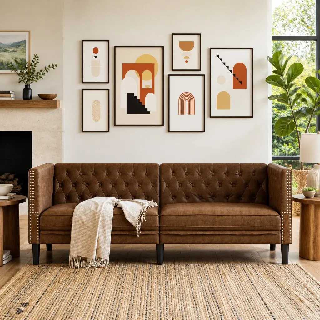 3-Seater Chesterfield Sofa Brown Faux Suede Button Tufted Living Room Furniture
