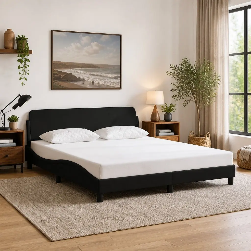 King Bed Frame Fabric Black 180x200 cm with Headboard Plywood Slats