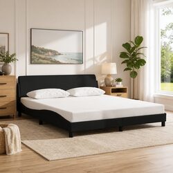 Queen Bed Frame with Black Fabric Headboard and Plywood Slats