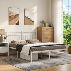 135x190 cm White Metal Bed Frame with Headboard
