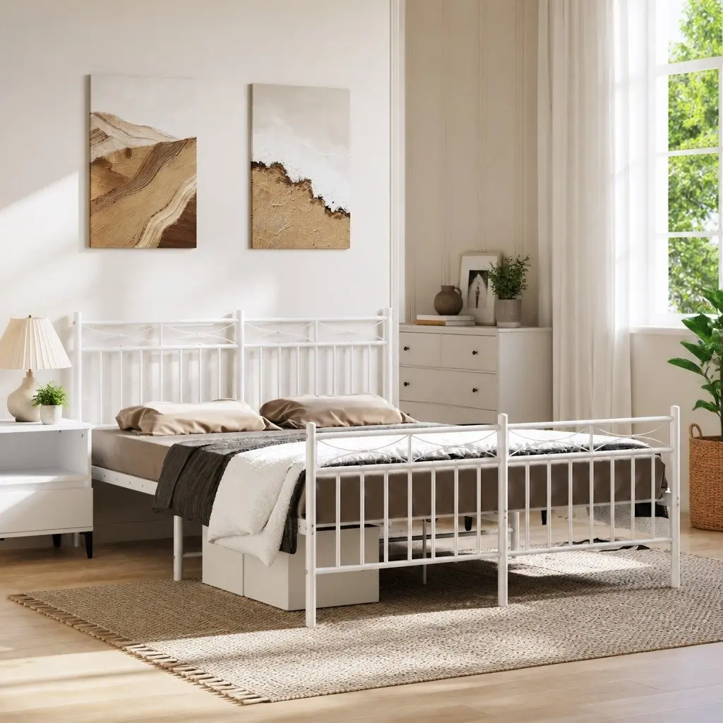 Metal Bed Frame White 150x200 cm Slatted Base Durable Steel with Footboard for Bedroom