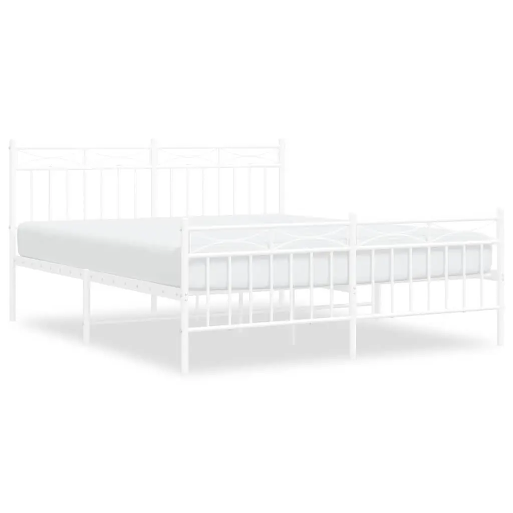 Metal Bed Frame White 150x200 cm Slatted Base Durable Steel with Footboard for Bedroom
