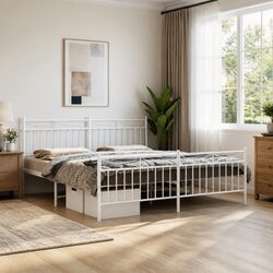 Sleek King Size Metal Bed Frame in White Finish