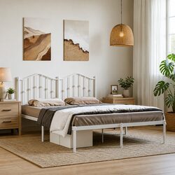 White Metal Bed Frame with Headboard 135x190 cm