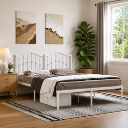 150x200 cm Metal Bed Frame with Headboard in White