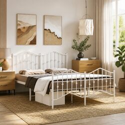 White Metal Bed Frame 135x190 cm with Headboard and Storage