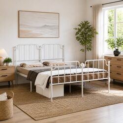 White Metal Bed Frame 150x200 cm with Headboard and Footboard