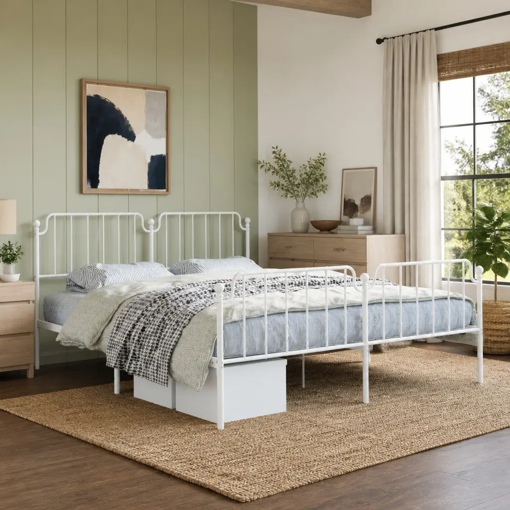 Metal Bed Frame King Size Durable White with Headboard Footboard