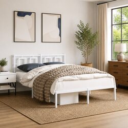 Metal Bed Frame 135x190 cm with White Headboard