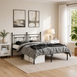 Durable Metal Bed Frame 150x200 cm with Headboard in Black