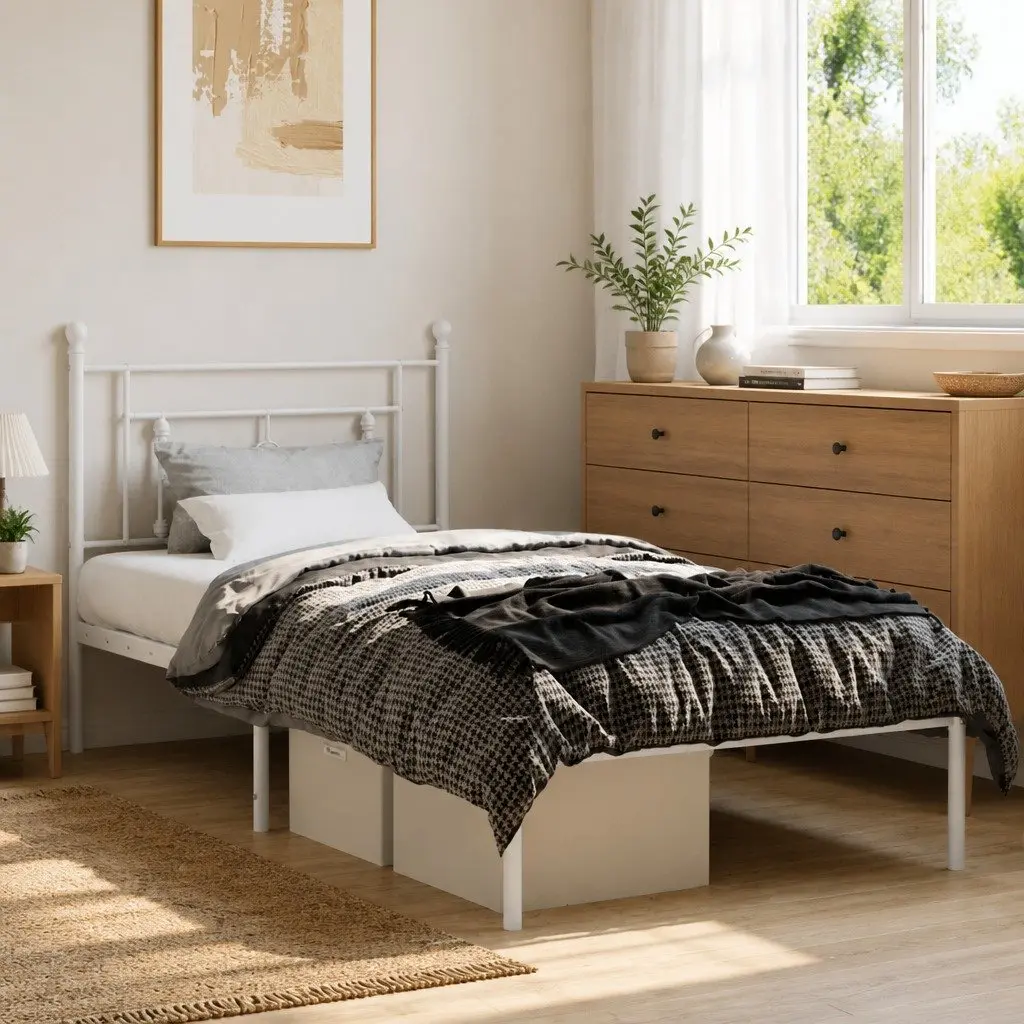 Metal Bed Frame with Headboard Storage Space 90x190 cm White
