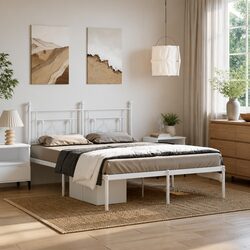 Metal Bed Frame with Headboard White 150x200 cm