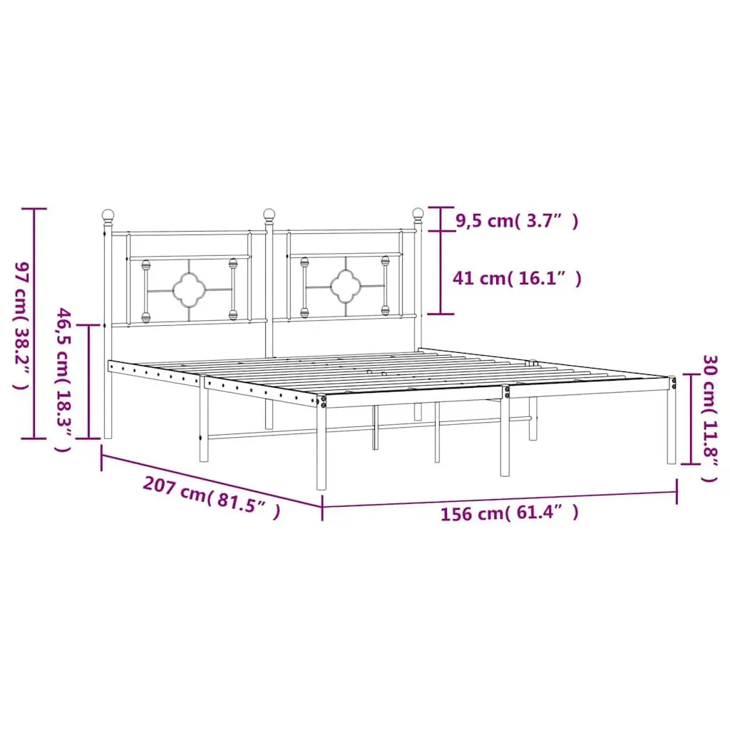 White Metal Bed Frame with Slatted Base Headboard 150x200 cm for Bedroom
