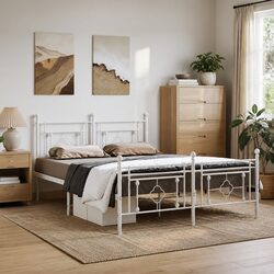 Metal Bed Frame with Footboard, White 150x200cm