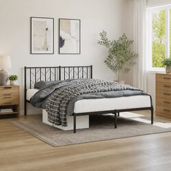 Sleek Black Metal Bed Frame with Headboard and Storage