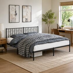 Sturdy Black Metal King Bed Frame with Slatted Base