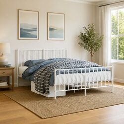 White Steel Bed Frame 135x190 cm with Footboard and Headboard