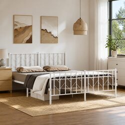 150x200 cm White Steel Bed Frame with Storage and Slatted Base