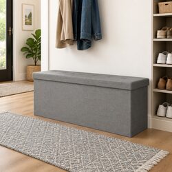 Foldable Grey Storage Bench with Upholstered Seat