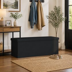Foldable Storage Ottoman Bench in Black PVC