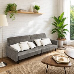 2-Seater Grey Sofa Bed with Wooden Frame and Velvet Upholstery