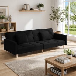 Black Fabric 2-Seater Sofa Bed with Pillows, Convertible