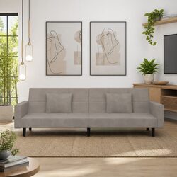 Convertible 2-Seater Sofa Bed in Grey Velvet with Pillows