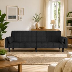 2-Seater Black Fabric Sofa Bed with Pillows and Wooden Frame