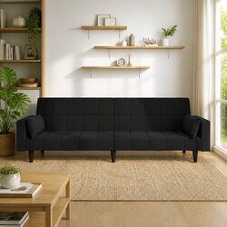Convertible Black Velvet 2-Seater Sofa Bed with Pillows