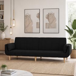 2-Seater Black Fabric Sofa Bed with Pillows