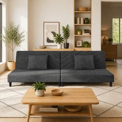 Convertible Grey Velvet Sofa Bed with Two Pillows