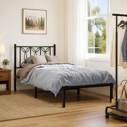 Sturdy Black Metal Bed Frame with Headboard 90x190cm