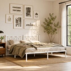 King Metal Bed Frame with Headboard and Storage White 183x203 cm