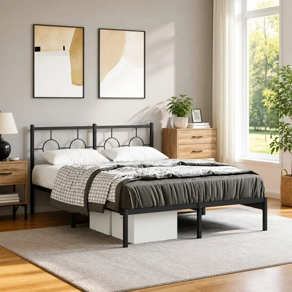 Metal Bed Frame 135x190 cm with Headboard Black Slatted Base Bedroom Furniture