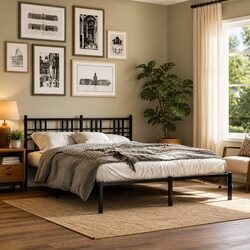 Black Metal Bed Frame with Headboard and Support 150x200 cm