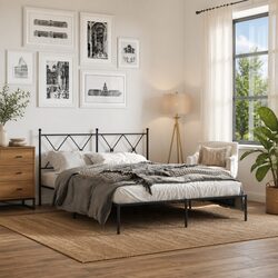 Black Metal Bed Frame 135x190 cm with Headboard and Slatted Base
