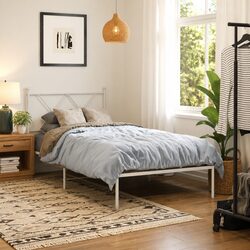 Sturdy White Metal Bed Frame 90x190 cm with Headboard