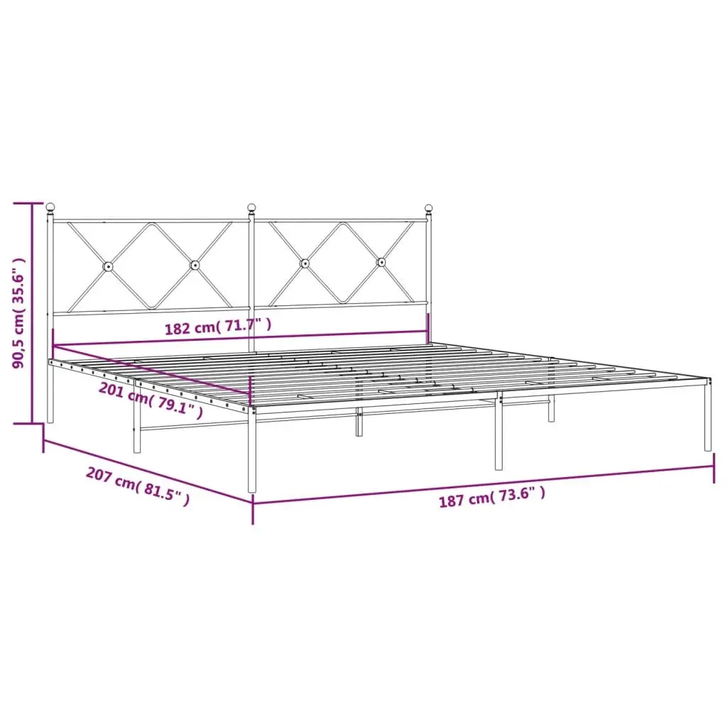 Metal Bed Frame with Headboard Slatted Base King Size 183x203cm White