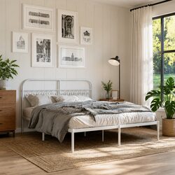 Metal Bed Frame with Headboard White 150x200 cm