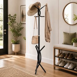 Black Iron Coat Stand 176cm with 9 Hooks and Stable Base