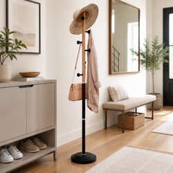 177cm Coat Stand - Iron Frame & Beech Wood with 6 Hooks