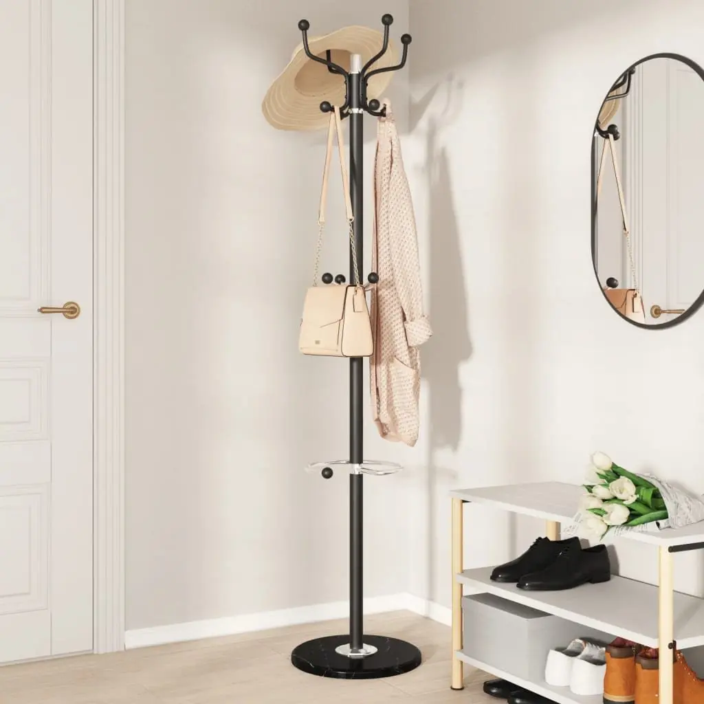 Coat Stand with Umbrella Holder Freestanding 180cm Black Powder-coated Iron Frame 12 Hooks