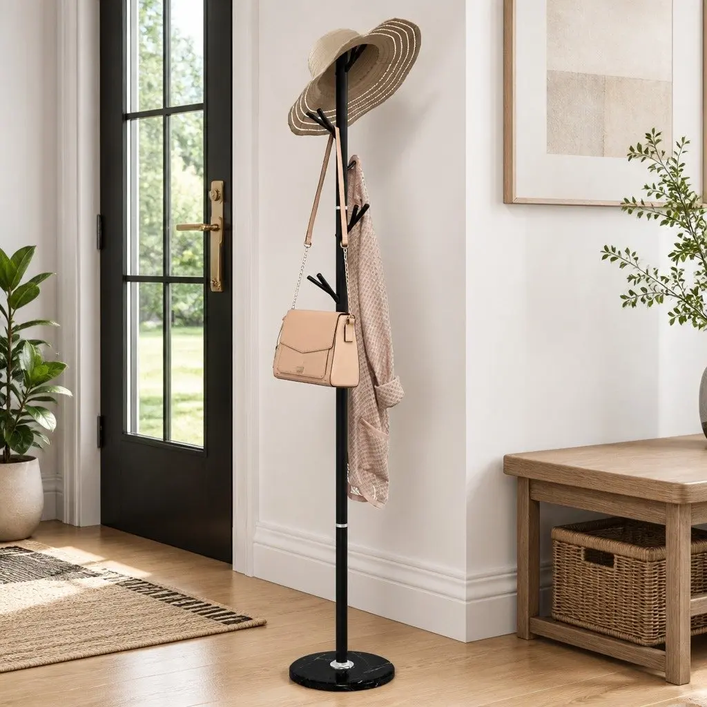 Coat Stand Black Iron Frame 175 cm 12 Hooks Free-standing Storage Organizer