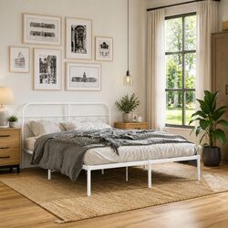 Sturdy Metal Bed Frame with Storage and Headboard 135x190 cm
