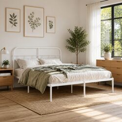 Chic White Metal Bed Frame with Headboard 150x200 cm