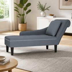 Chaise Lounge Grey Velvet with Button Tufting and Pillow