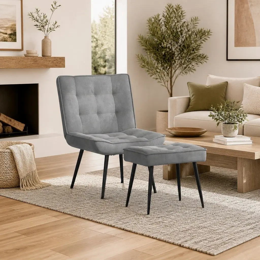 Relaxing Chair with Footstool Grey Velvet Upholstered Lounge Seat Comfortable
