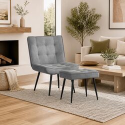 Grey Velvet Lounge Chair with Integrated Footstool