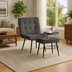 Grey Velvet Relaxing Chair with Integrated Footrest